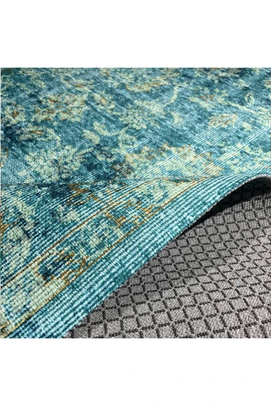 Pastel Home Su Yeşili Eskitme Şönil Halı Kilim Yolluk Kaymaz Yıkanabilir Saçaklı Oturma Odası Mutfak Koridor - 4