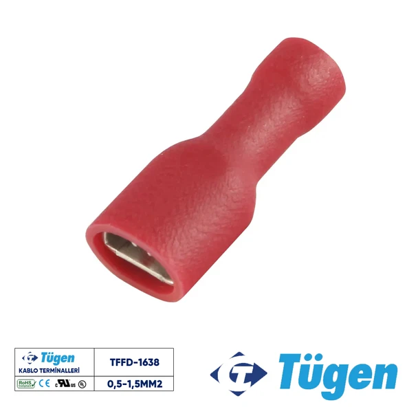 Tügen 0,5-1,5mm2 / 6,4x0,8 Full İzoleli Dişi Kablo Ucu ( 1 Kutu 100 Adet ) ürün görseli 1