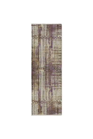 Pastel Home Bohem Etnik Desenli Mor Kahve Şönil Halı Kilim Yolluk Kaymaz Yıkanabilir Saçaklı - 6