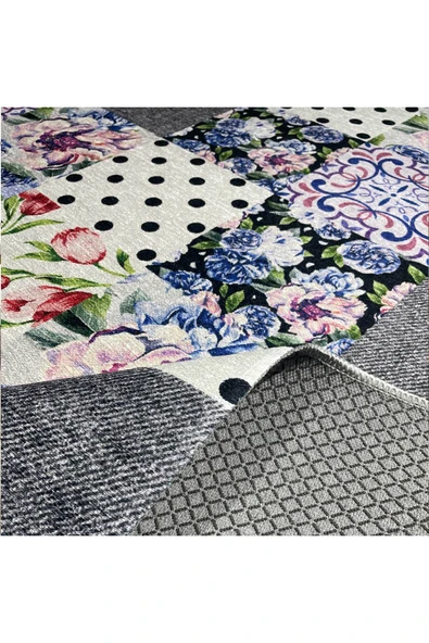 Pastel Home Gri Yeşil Çiçekli Patchwork Şönil Halı Kilim Yolluk Kaymaz Yıkanabilir Mutfak Koridor Oturma Odası - 4