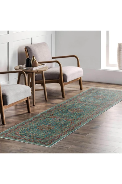 Pastel Home Vintage Yeşil Şönil Halı Kilim Yolluk Kaymaz Yıkabanilir Saçaklı Salon Mutfak Koridor - 7