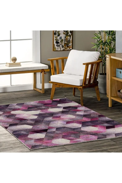 Pastel Home Geometrik Mor Pembe Şönil Halı Kilim Yolluk Yıkanabilir Kaymaz Salon Mutfak Oturma Odası Koridor - 7