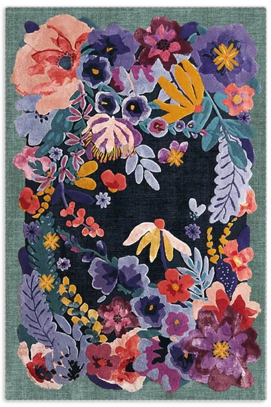 Pastel Home Kaşmir doku yumuşak kaymaz pamuk taban oturma odası salon mutfak koridor lacivert yeşil çiçekli halı