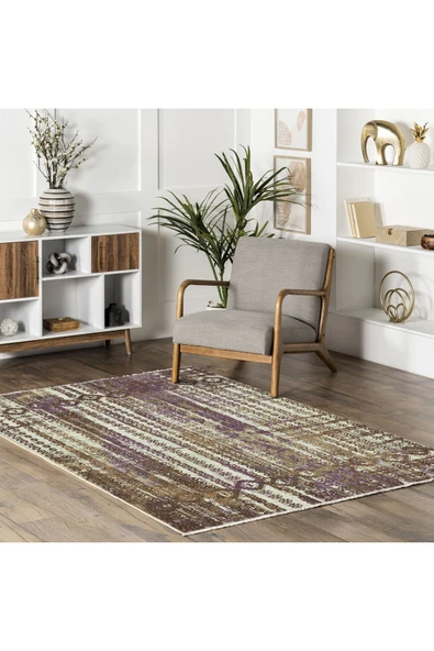 Pastel Home Bohem Etnik Desenli Mor Kahve Şönil Halı Kilim Yolluk Kaymaz Yıkanabilir Saçaklı - 5