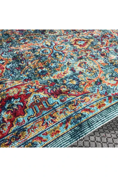 Pastel Home Vintage Yeşil Şönil Halı Kilim Yolluk Kaymaz Yıkabanilir Saçaklı Salon Mutfak Koridor - 4