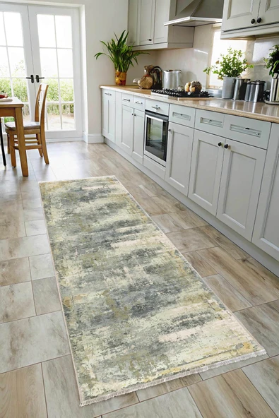 Pastel Home Sarı Gri Abstract Şönil Halı Kilim Yolluk Kaymaz Yıkanabilir Saçaklı Oturma Odası Mutfak Koridor - 7