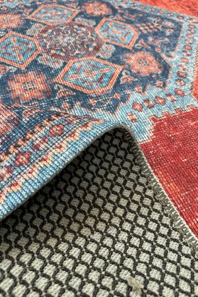 Pastel Home Kendinden saçaklı eskitme mavi turuncu kiremit şönil halı kilim yolluk klasik kaymaz yıkanabilir - Resim 4