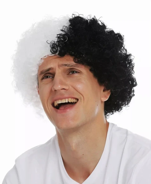 Siyah Beyaz Kıvırcık Afro Bonus Peruk Taraftar Bonus Saç - Resim 3