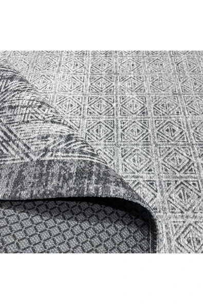 Pastel Home Gri Antrasit Çerçeveli Modern Şönil Halı Yolluk Kilim Salon Koridor Mutfak Kaymaz Yıkanabilir - Resim 4