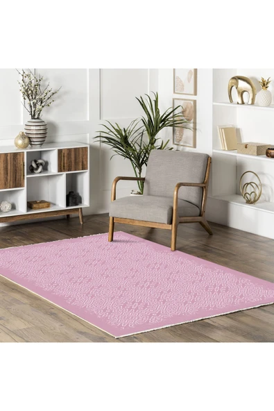Pastel Home Modern Pembe Şönil Halı Kilim Yolluk Saçaklı Yıkanabilir Kaymaz Mutfak Koridor Salon Oturma Odası - 5