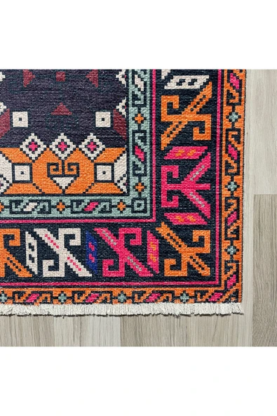 Pastel Home Turuncu Pembe Kahve Etnik Şönil Halı Kilim Yolluk Kaymaz Yıkanabilir Kordidor Mutfak Yatak Odası - 2