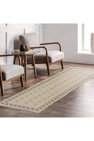 Pastel Home Etnik Bej Şönil Halı Kilim Yolluk Kaymaz Yıkanabilir Salon Mutfak Oturma Odası Koridor Yatak Odası - Resim 7