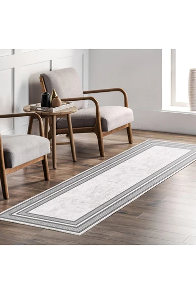 Pastel Home Gri Antrasit Çerçeveli Modern Şönil Halı Yolluk Kilim Salon Koridor Mutfak Kaymaz Yıkanabilir - Resim 7