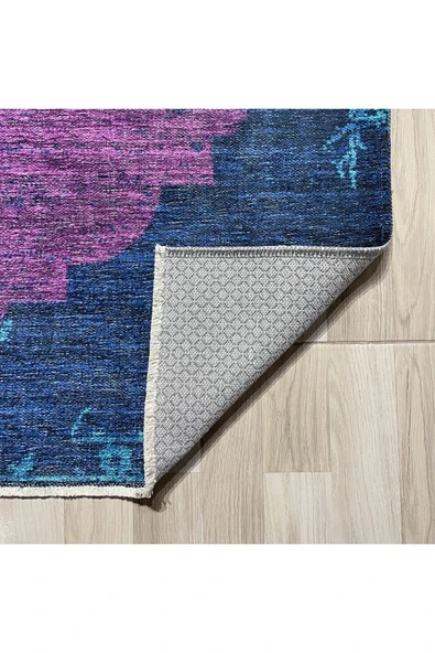 Pastel Home Modern Vintage Fuşya Lacivert Şönil Halı Kilim Yolluk Kaymaz Pamuk Taban Yıkanabilir Saçaklı - Resim 3