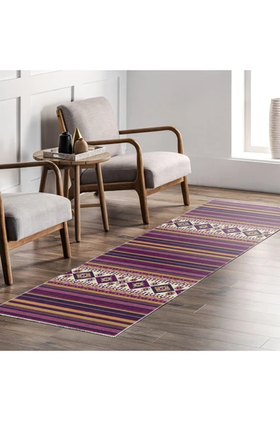Pastel Home Eskitme Mor Hardal Renkli Şönil Halı Kilim Yolluk Yıkanabilir Kaymaz Saçaklı - 7