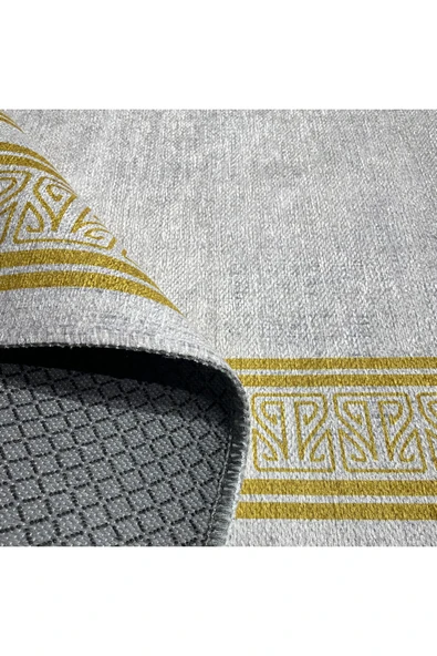 Pastel Home Altın Sarısı Çerçeveli Gri Şönil Halı Yolluk Kilim Salon Koridor Mutfak Kaymaz Yıkanabilir - 4