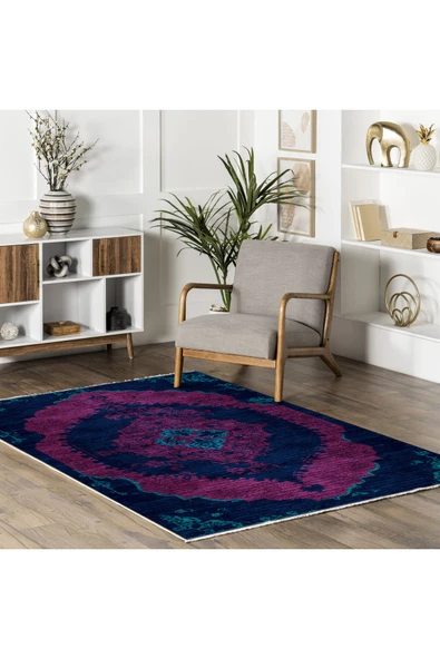 Pastel Home Modern Vintage Fuşya Lacivert Şönil Halı Kilim Yolluk Kaymaz Pamuk Taban Yıkanabilir Saçaklı - Resim 5