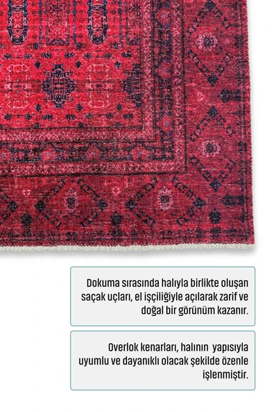 Pastel Home Tasarım Bordo Kırmızı Afgan Türkmen Şönil Halı Kilim Yolluk Kaymaz Yıkanabilir Salon Mutfak Koridor - Resim 3