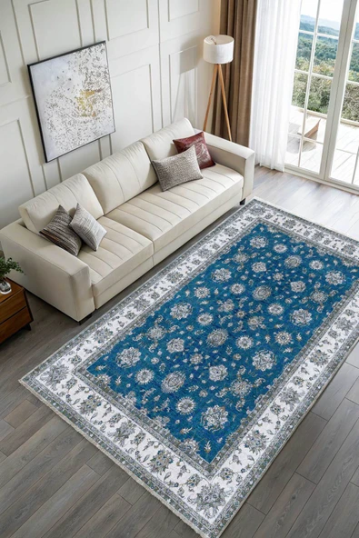Pastel Home Mavi Klasik Şönil Halı Kilim Yolluk Yıkanabilir Kaymaz Oturma Odası Salon Mutfak Halısı - 2