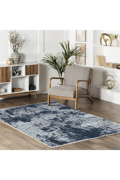 Pastel Home Abstract Mavi Şönil Halı Kilim Kaymaz Yıkanabilir Saçaklı Salon Oturma Odası Mutfa Koridor - 5