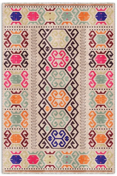 Pastel Home Bej Pembe Anadolu Kilim Modeli Şönil Halı Kilim Yolluk Kaymaz Yıkanabilir Salon Koridor Mutfak