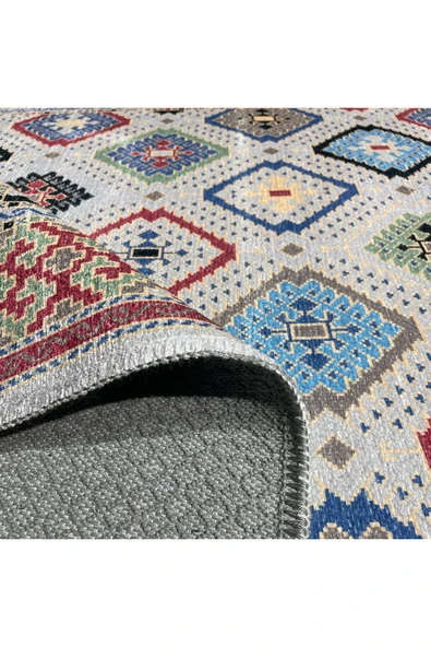 Pastel Home Renkli Etnik Desenli Bohem Şönil Halı Kilim Yolluk Kaymaz Yıkanabilir Salon Mutfak Koridor Çocuk Oda - Resim 4