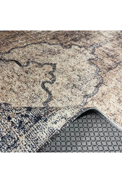 Pastel Home Bej Kahve Vintage Şönil Halı Kilim Yolluk Kaymaz Yıkanabilir Saçaklı Oturma Odası Koridor Mutfak - 4