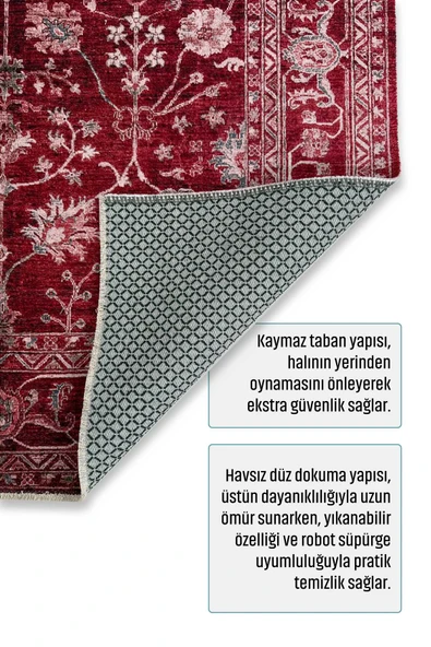 Pastel Home Tasarım Bordo Kırmızı Türkmen Klasik Şönil Halı Kilim Yolluk Kaymaz Yıkanabilir Salon Mutfak Koridor - 4