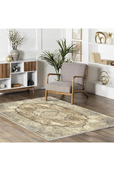 Pastel Home Bej Kahve Vintage Şönil Halı Kilim Yolluk Kaymaz Yıkanabilir Saçaklı Oturma Odası Koridor Mutfak - 5