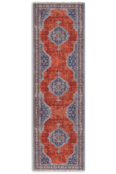 Pastel Home Kendinden saçaklı eskitme mavi turuncu kiremit şönil halı kilim yolluk klasik kaymaz yıkanabilir - Resim 5