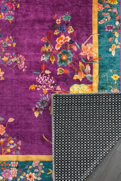 Pastel Home Kaşmir doku yumuşak kaymaz pamuk taban oturma odası salon mutfak koridor çiçekli mor yeşil halı - 3