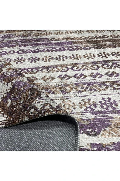 Pastel Home Bohem Etnik Desenli Mor Kahve Şönil Halı Kilim Yolluk Kaymaz Yıkanabilir Saçaklı - 4
