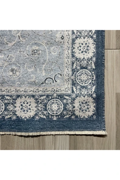 Pastel Home Açık Mavi Klasik Şönil Halı Kilim Yolluk Yıkanabilir Kaymaz Saçaklı - Resim 2