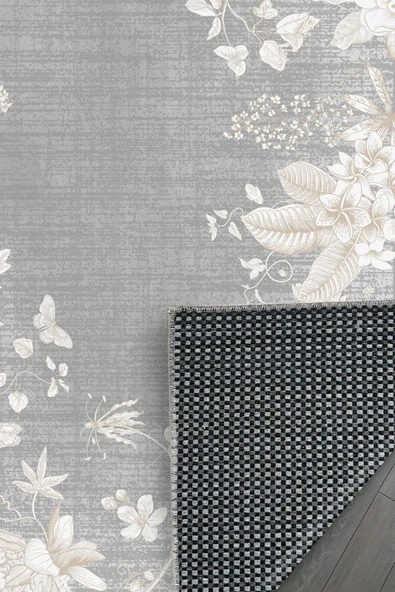 Pastel Home Kaşmir doku yumuşak kaymaz pamuk taban oturma odası salon mutfak koridor çiçekli gri halı kilim - 3