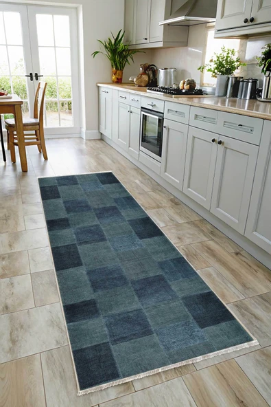 Pastel Home Mavi Denim Patchwork Tasarım Şönil Halı Kilim Yolluk Kaymaz Saçaklı Yıkanabilir Genç Odası Mutfak - 6