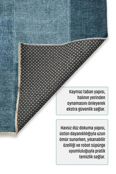 Pastel Home Mavi Denim Patchwork Tasarım Şönil Halı Kilim Yolluk Kaymaz Saçaklı Yıkanabilir Genç Odası Mutfak - 4
