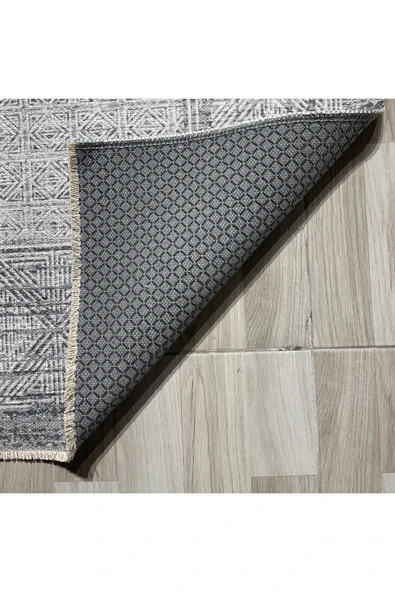 Pastel Home Gri Antrasit Çerçeveli Modern Şönil Halı Yolluk Kilim Salon Koridor Mutfak Kaymaz Yıkanabilir - Resim 3