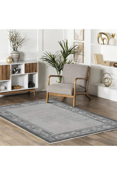 Pastel Home Gri Antrasit Çerçeveli Modern Şönil Halı Yolluk Kilim Salon Koridor Mutfak Kaymaz Yıkanabilir - Resim 5