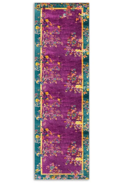 Pastel Home Kaşmir doku yumuşak kaymaz pamuk taban oturma odası salon mutfak koridor çiçekli mor yeşil halı - 4