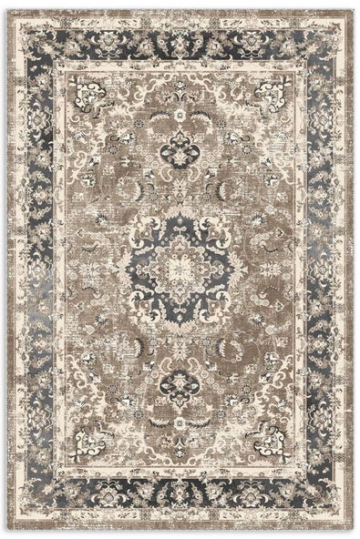 Pastel Home Bej Füme Klasik Desenli Vintage Şönil Halı Kilim Yolluk Kaymaz Yıkanabilir Saçaklı