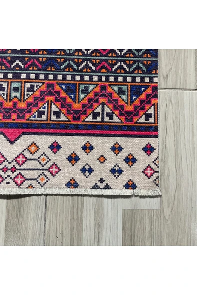 Pastel Home Etnik Desenli Pembe Bej Çok Renkli Şönil Halı Kilim Yolluk Kaymaz Yıkanabilir Mutfak Koridor Salon - 2