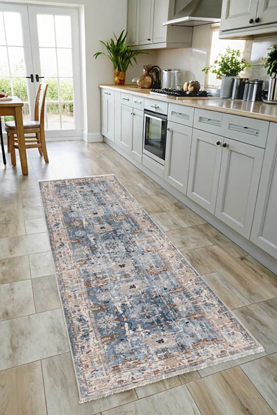 Pastel Home Bej Mavi Tasarım Şönil Halı Kilim Yolluk Kaymaz Yıkanabilir Saçaklı Oturma Odası Mutfak Koridor - 7