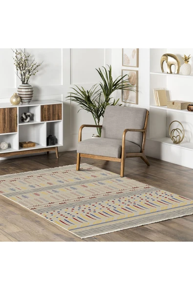 Pastel Home Bohem Tarzı Etnik Desenli Şönil Halı Kilim Yolluk Bej Renkli Çocuk Odası Oturma Odası Mutfak Kaymaz - 5