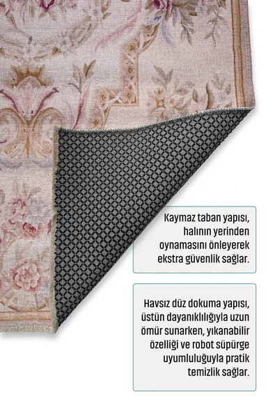 Pastel Home Tasarım Bej Klasik Çiçekli Şönil Halı Kilim Yolluk Kaymaz Saçaklı Yıkanabilir Salon Mutfak Koridor - Resim 4