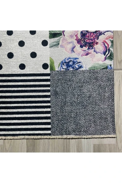 Pastel Home Gri Yeşil Çiçekli Patchwork Şönil Halı Kilim Yolluk Kaymaz Yıkanabilir Mutfak Koridor Oturma Odası - 2