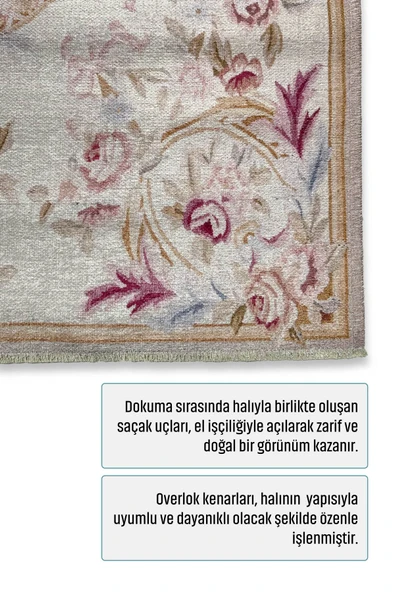 Pastel Home Tasarım Bej Klasik Çiçekli Şönil Halı Kilim Yolluk Kaymaz Saçaklı Yıkanabilir Salon Mutfak Koridor - Resim 3