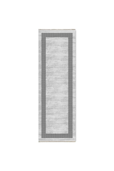 Pastel Home Modern Gri Çerçeveli Gri Şönil Halı Kilim Yolluk Yıkanabilir Kaymaz Salon Mutfak Koridor - Resim 6