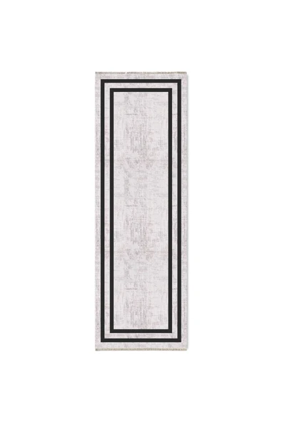 Pastel Home Siyah Çerçeveli Gri Şönil Halı Yolluk Kilim Salon Koridor Mutfak Kaymaz Yıkanabilir - Resim 6