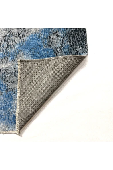 Pastel Home Antrasit Gri Mavi Abstract Şönil Halı Kilim Yolluk Kaymaz Taban Yıkanabilir Saçaklı - Resim 3
