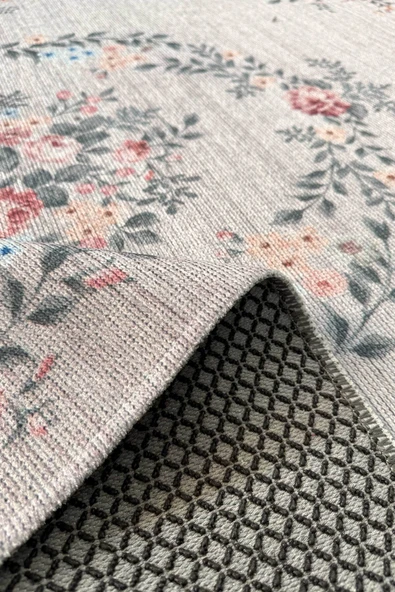 Pastel Home Eskitme çiçekli bej krem şönil halı kendinden saçaklı yıkanabilir salon mutfak koridor kaymaz taban - Resim 4